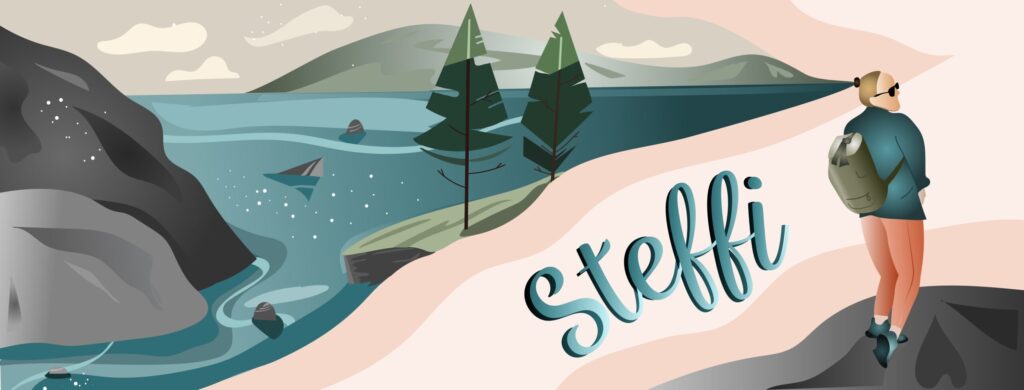 Banner design by Natascha Götz - illustration of rocks, mountains, water, trees, a path and a woman (Steffi). The name Steffi is written along the path illustration in a handwriting style.