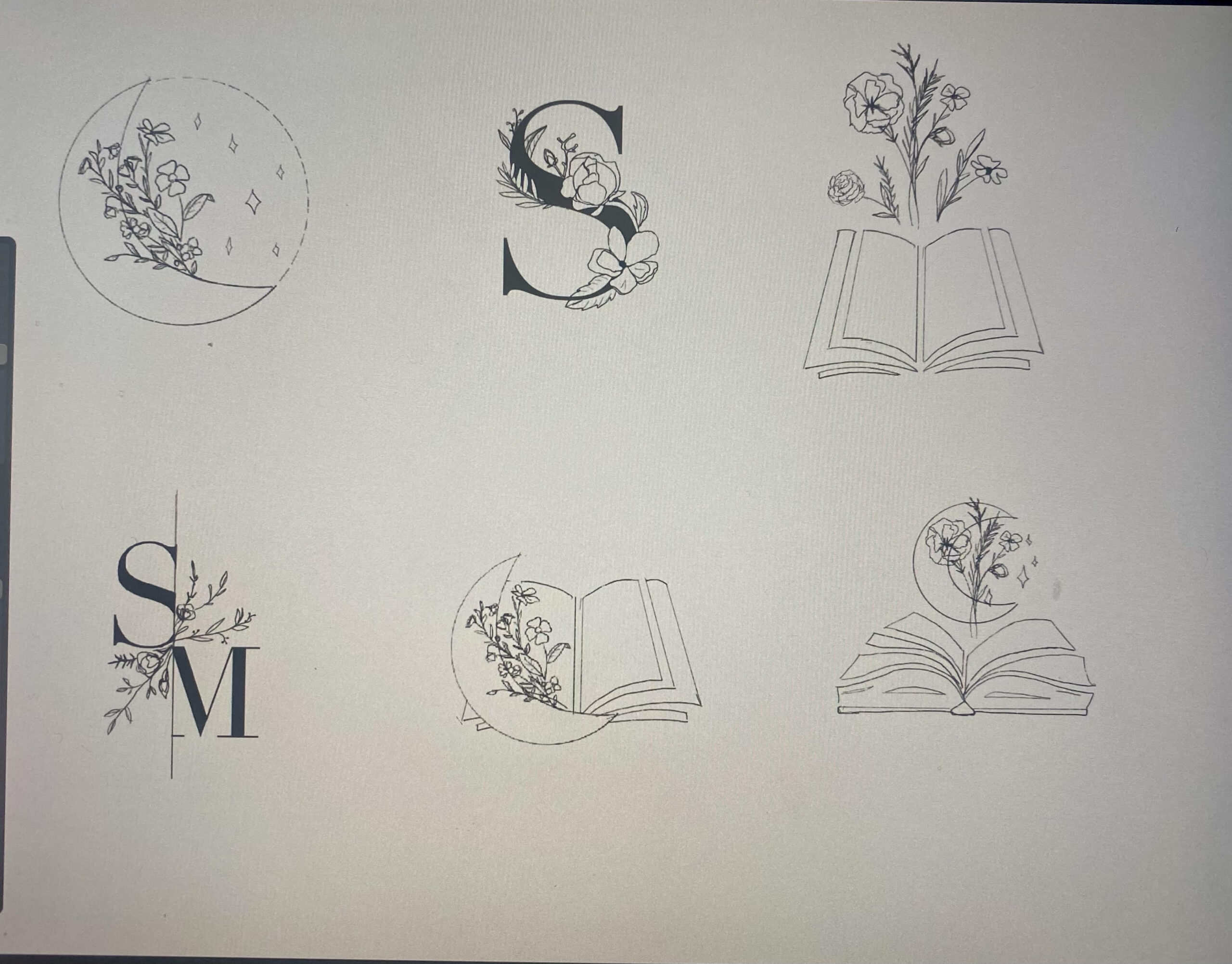 black and white image of six different sketches of the logo design.